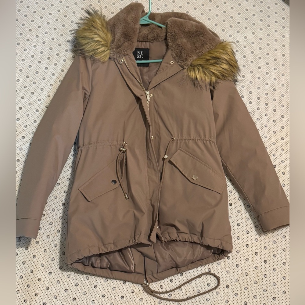 New York & Company Taupe Hooded Parka with Faux Fur Trim